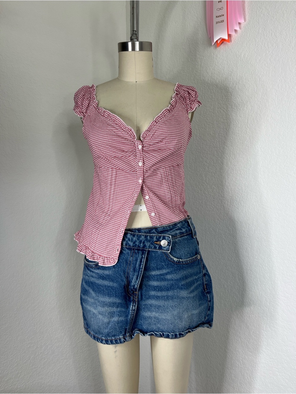Brandy Melville Elena Gingham Ruched Gathered Cap Sleeve V Neck Button Top